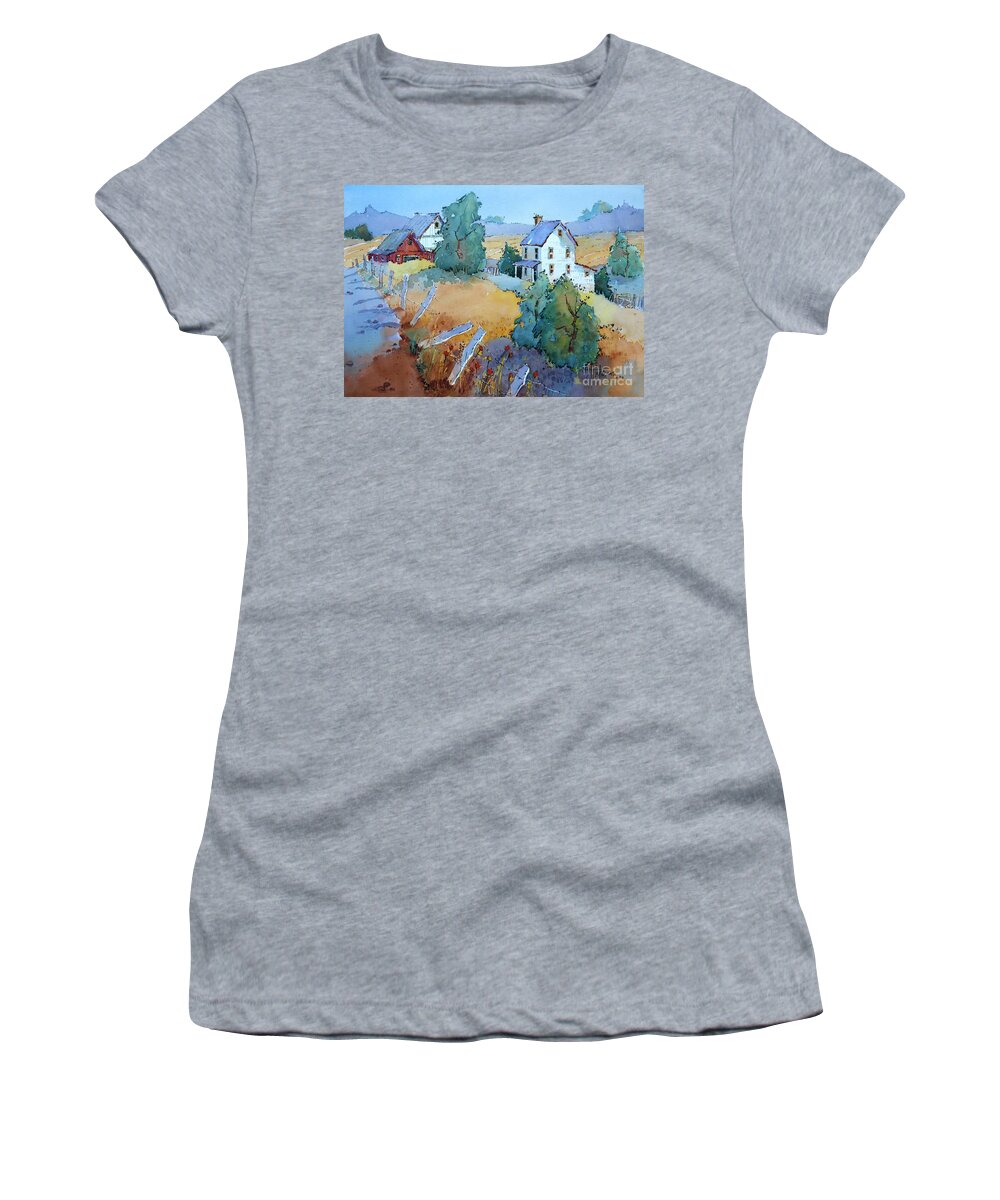 Farm Women's T-Shirt featuring the painting Farm with Blue Roof Tops by Joyce Hicks