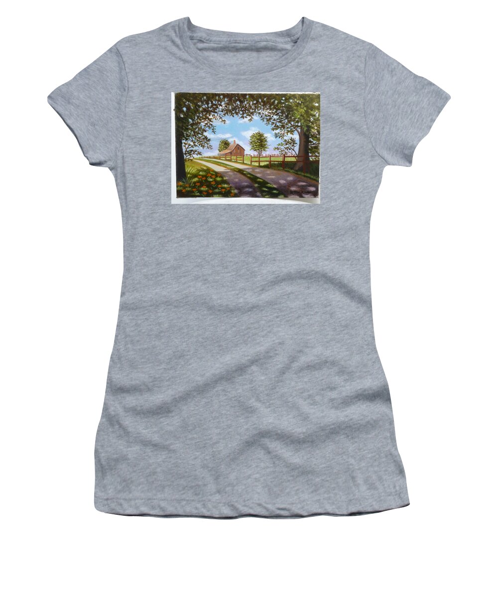 Farmhouse Women's T-Shirt featuring the painting Farmhouse Framed By Trees by Madeline Lovallo
