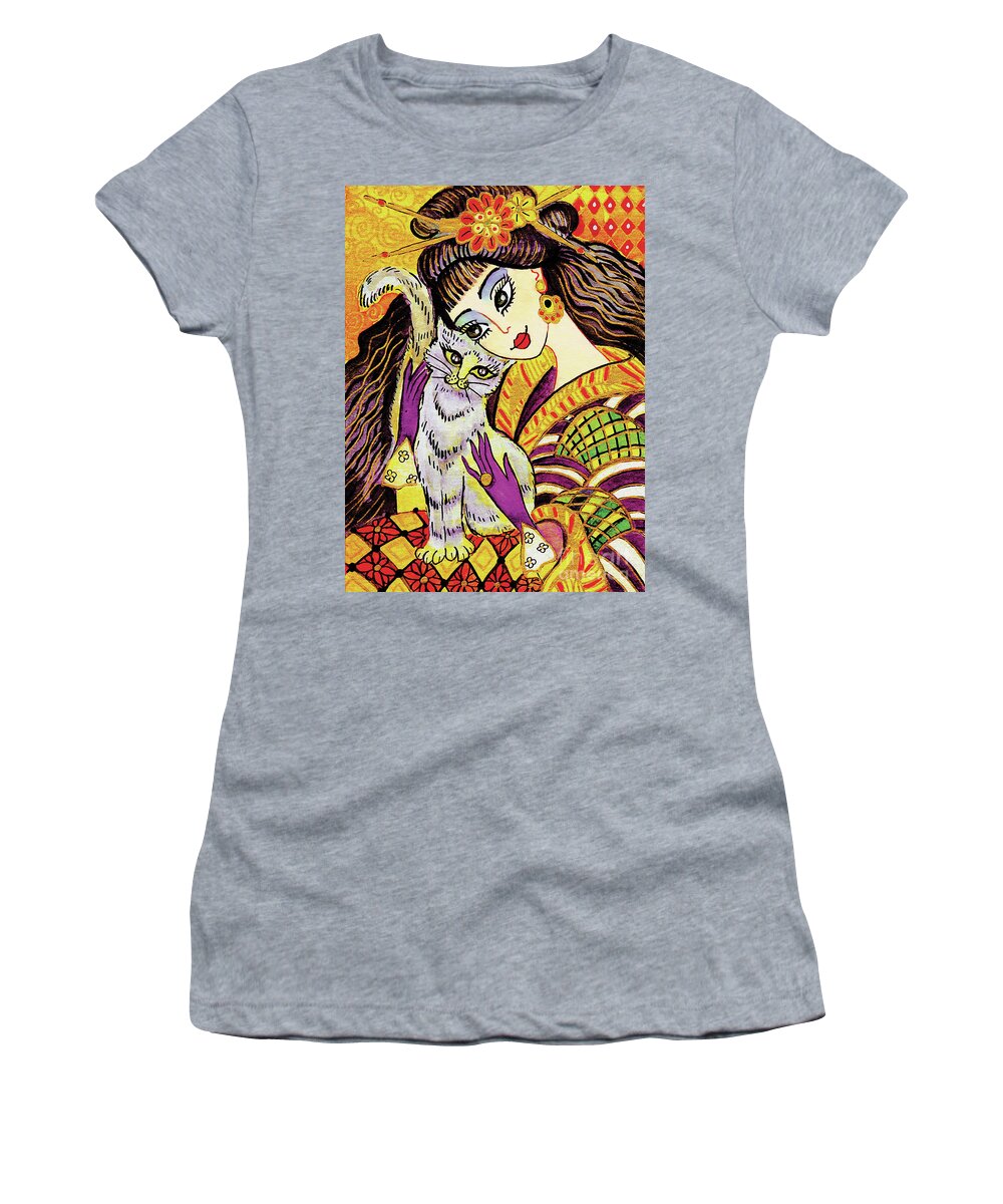 Woman And Cat Women's T-Shirt featuring the painting Feline Rhapsody by Eva Campbell
