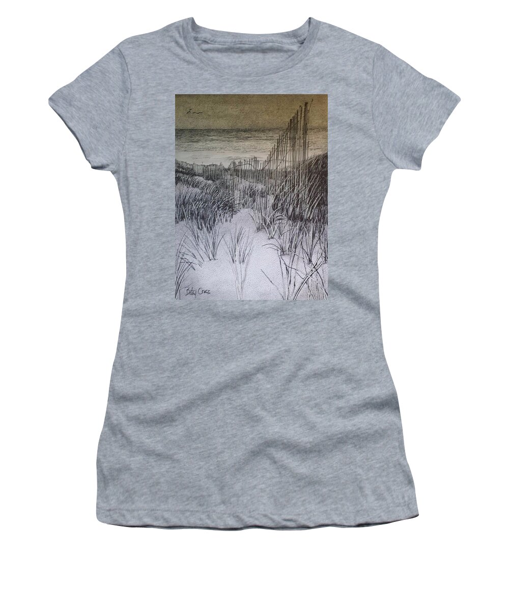  Women's T-Shirt featuring the drawing Fence in the Dunes by Betsy Carlson Cross