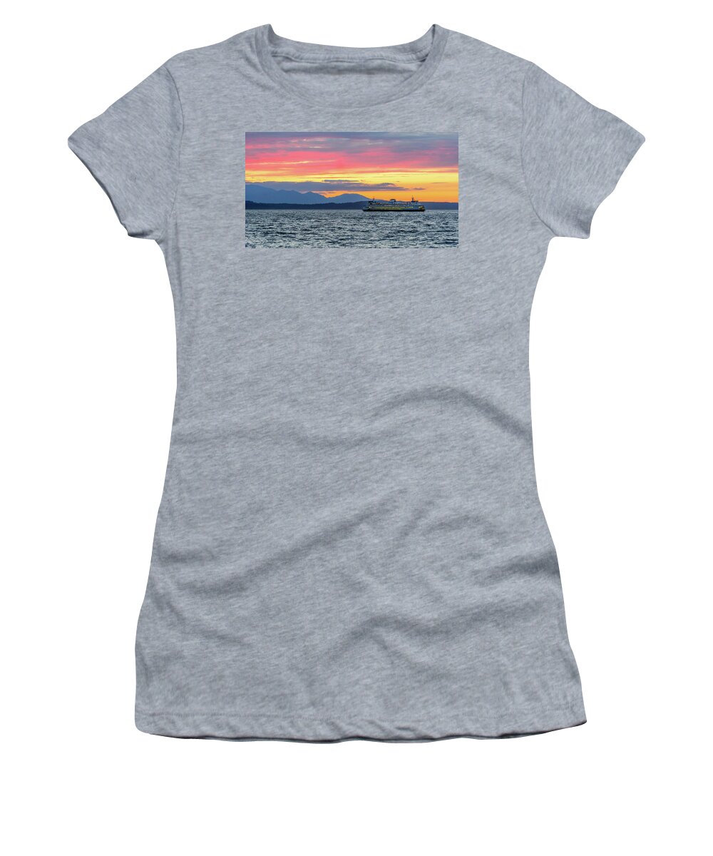 Sunset Women's T-Shirt featuring the digital art Ferry In Puget Sound by Michael Lee
