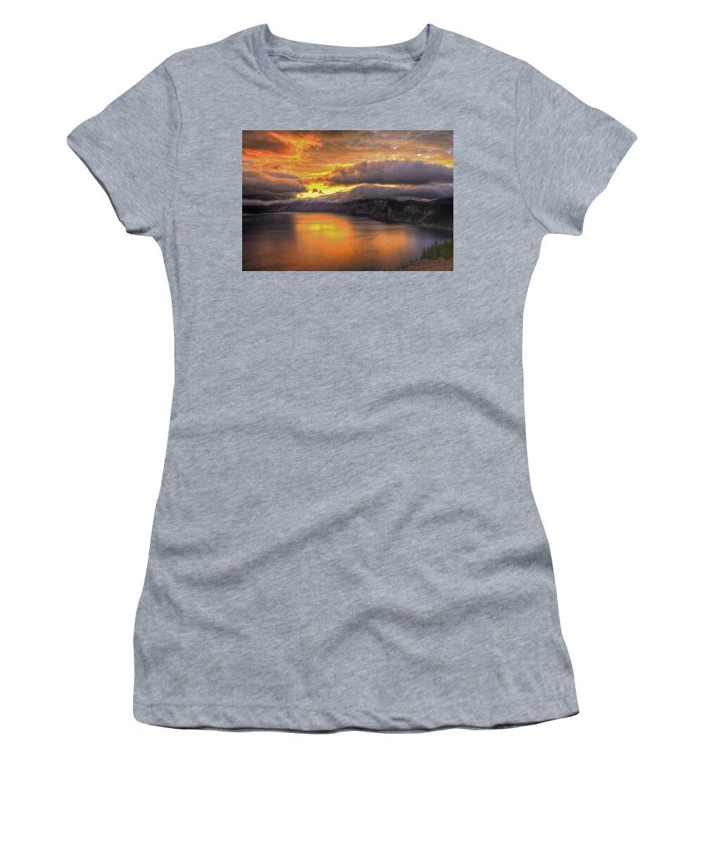 Crater Lake National Park Women's T-Shirt featuring the photograph Fire in the Lake #1 by Don Mercer
