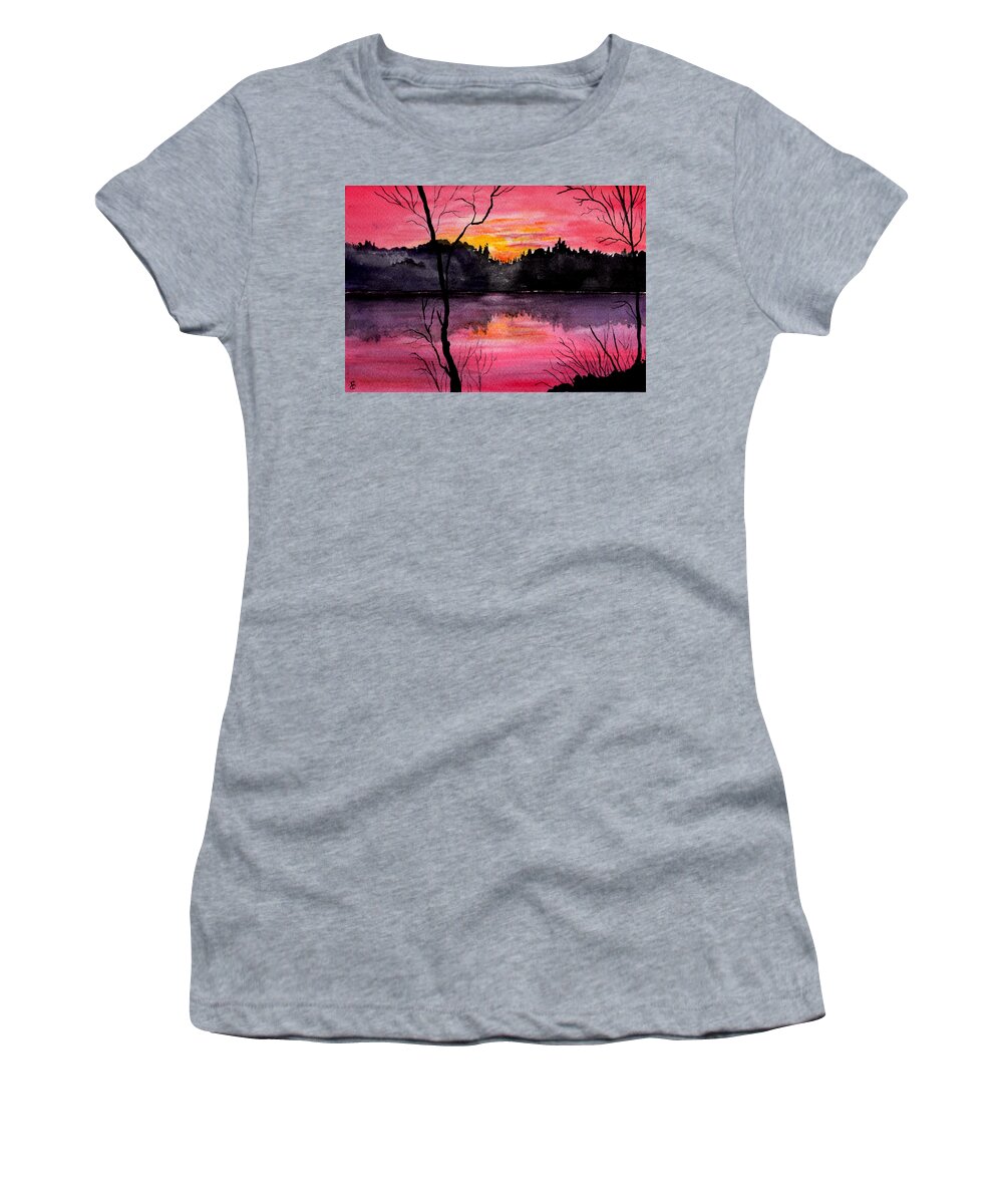 Landscape Women's T-Shirt featuring the painting Fire In The Sky  Lake Arrowhead Maine by Brenda Owen