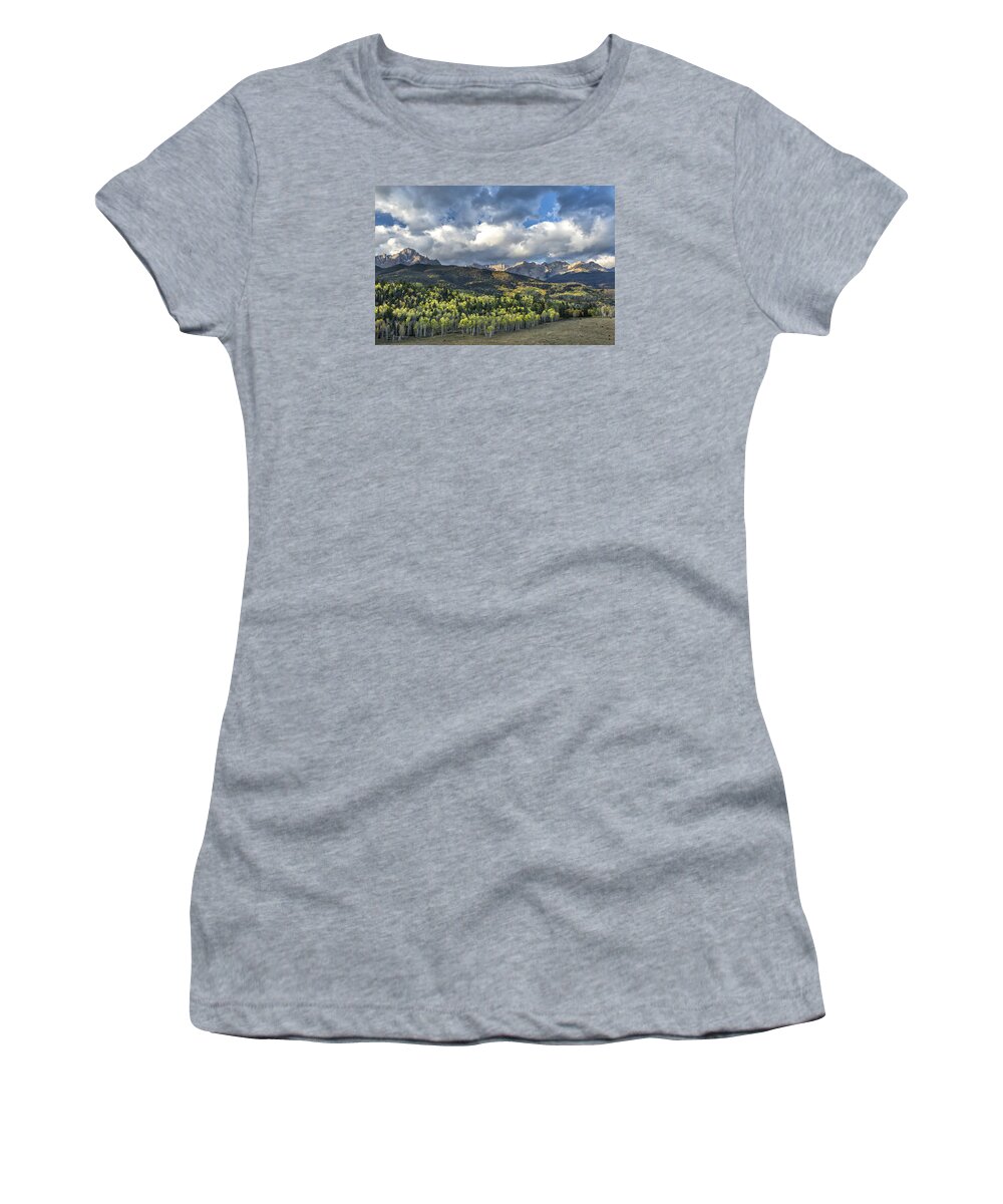 Autumn Women's T-Shirt featuring the photograph First Light on the Sneffels Range by Denise Bush