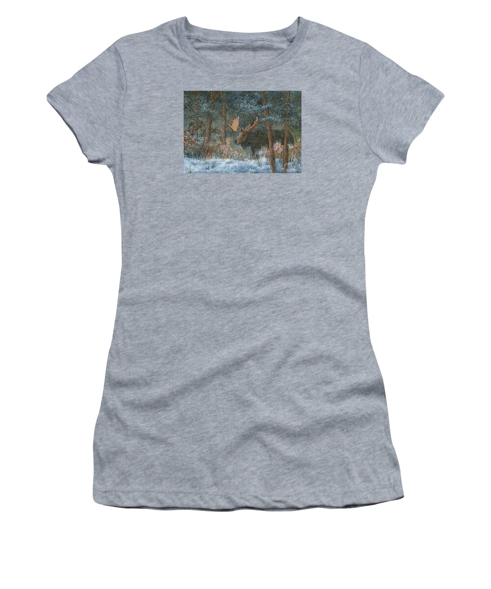 Moose Women's T-Shirt featuring the painting First Snow - Alaska by June Hunt