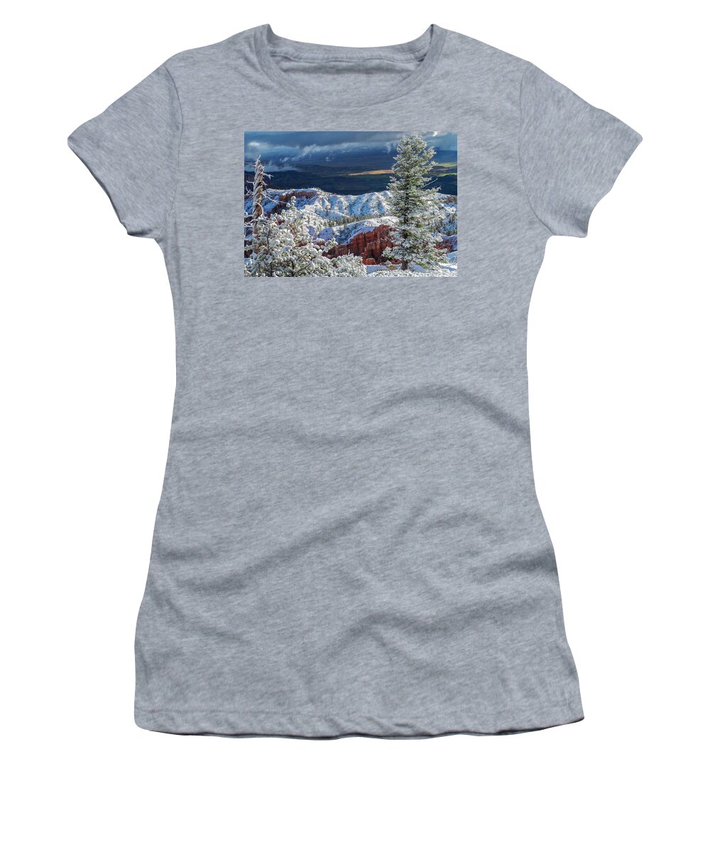 Bryce Canyon Women's T-Shirt featuring the photograph First Snow by John Roach