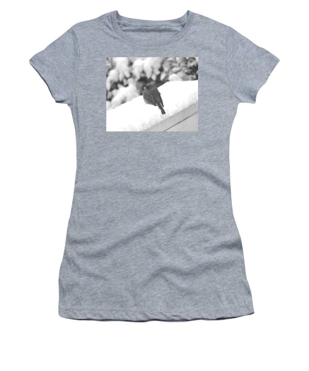 Winter Women's T-Shirt featuring the photograph First Snow Junco by Kathy Kelly