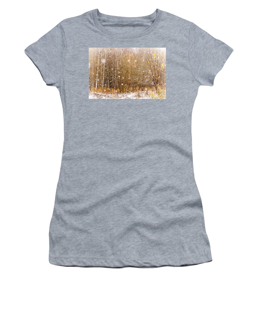 Jenny Rainbow Fine Art Photography Women's T-Shirt featuring the photograph First Snow. Snow Flakes I by Jenny Rainbow