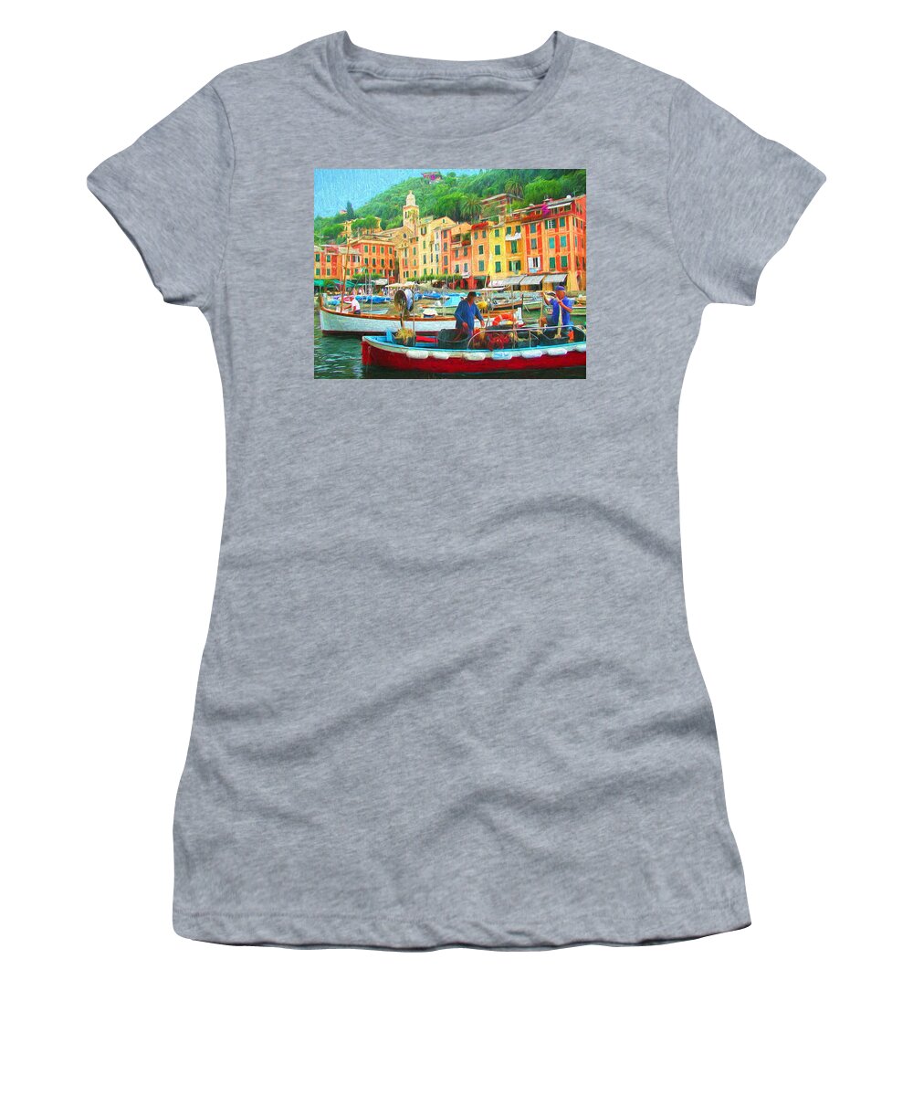 Painting Women's T-Shirt featuring the painting Fishermen in Portofino by Mitchell R Grosky
