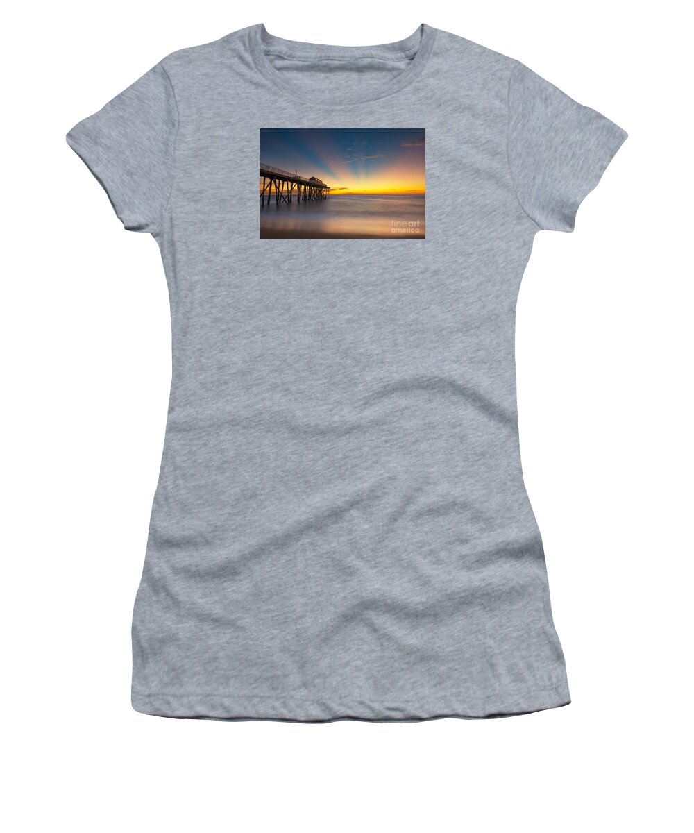 Fishing Pier Sunrise Women's T-Shirt featuring the photograph Fishing Pier Sun Rays by Michael Ver Sprill