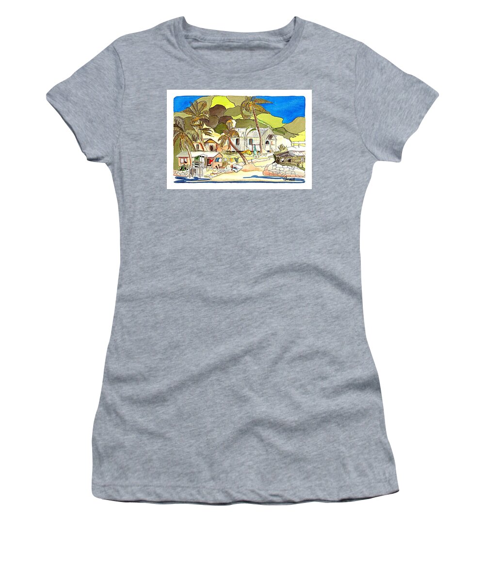 Fiji - South Pacific Tropical Islands Women's T-Shirt featuring the painting Fishing Village - Fiji by Joan Cordell