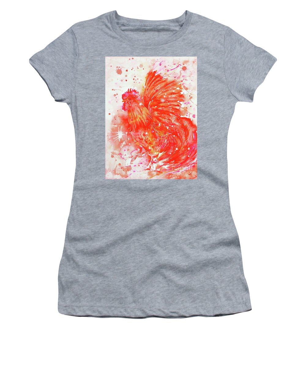 Red Rooster Women's T-Shirt featuring the painting Flaming Rooster by Zaira Dzhaubaeva