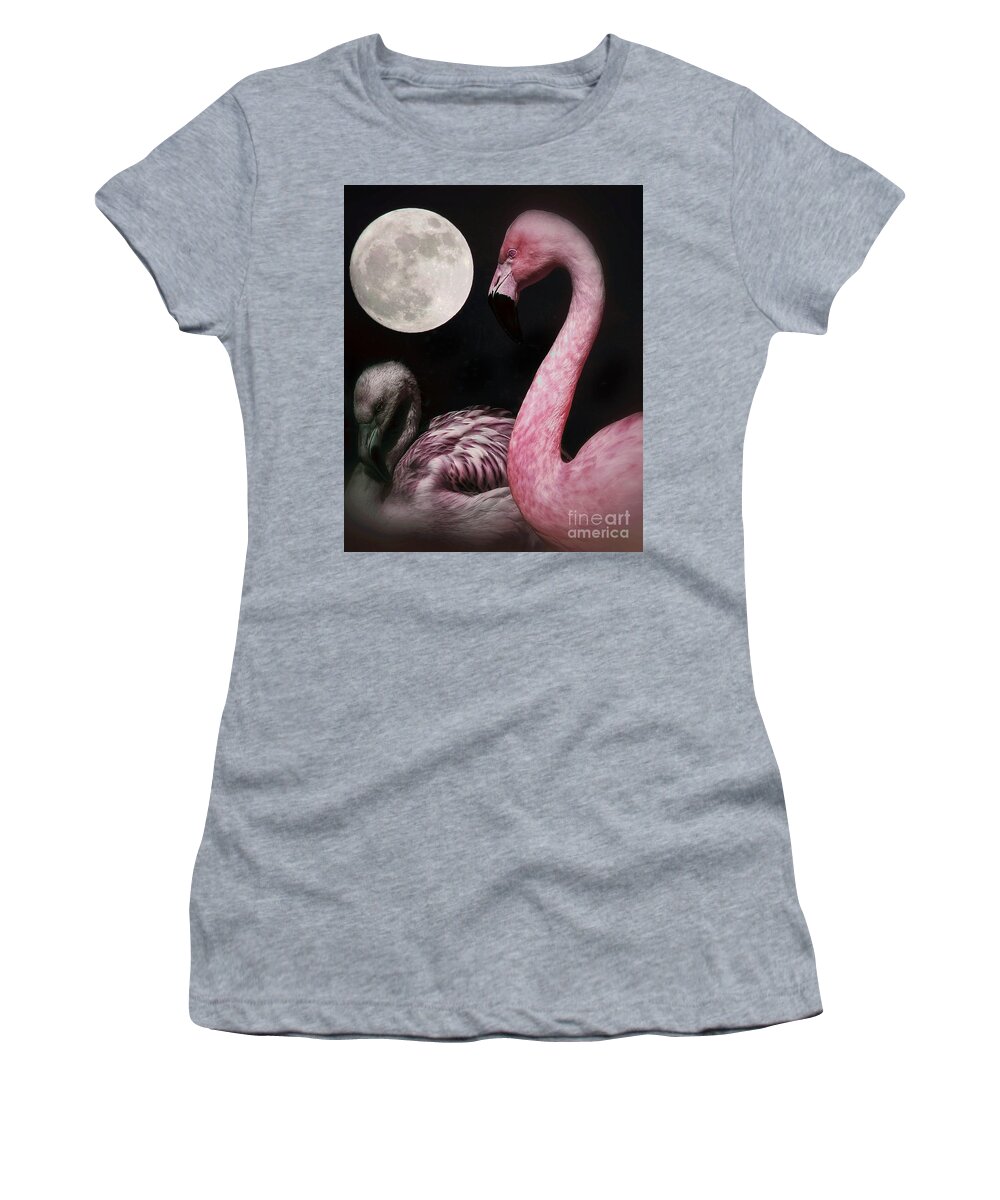 Pink Flamingo Women's T-Shirt featuring the photograph Flamingo Moon by Toma Caul