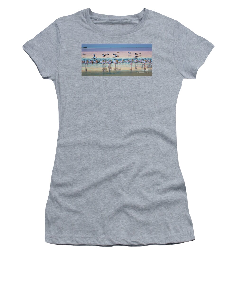 Africa Women's T-Shirt featuring the photograph Flamingos and Pelicans by Inge Johnsson