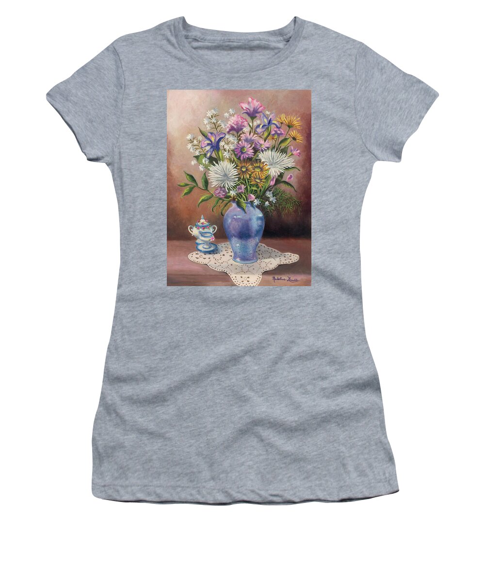 Pink Women's T-Shirt featuring the painting Floral With Blue Vase With Capadamonte by Madeline Lovallo