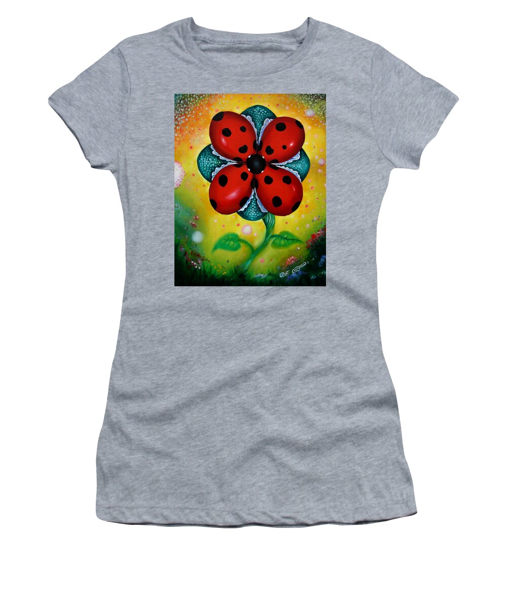 Lady Bugs Women's T-Shirt featuring the painting Flower 4 Lady Bugs by Arthur Covington