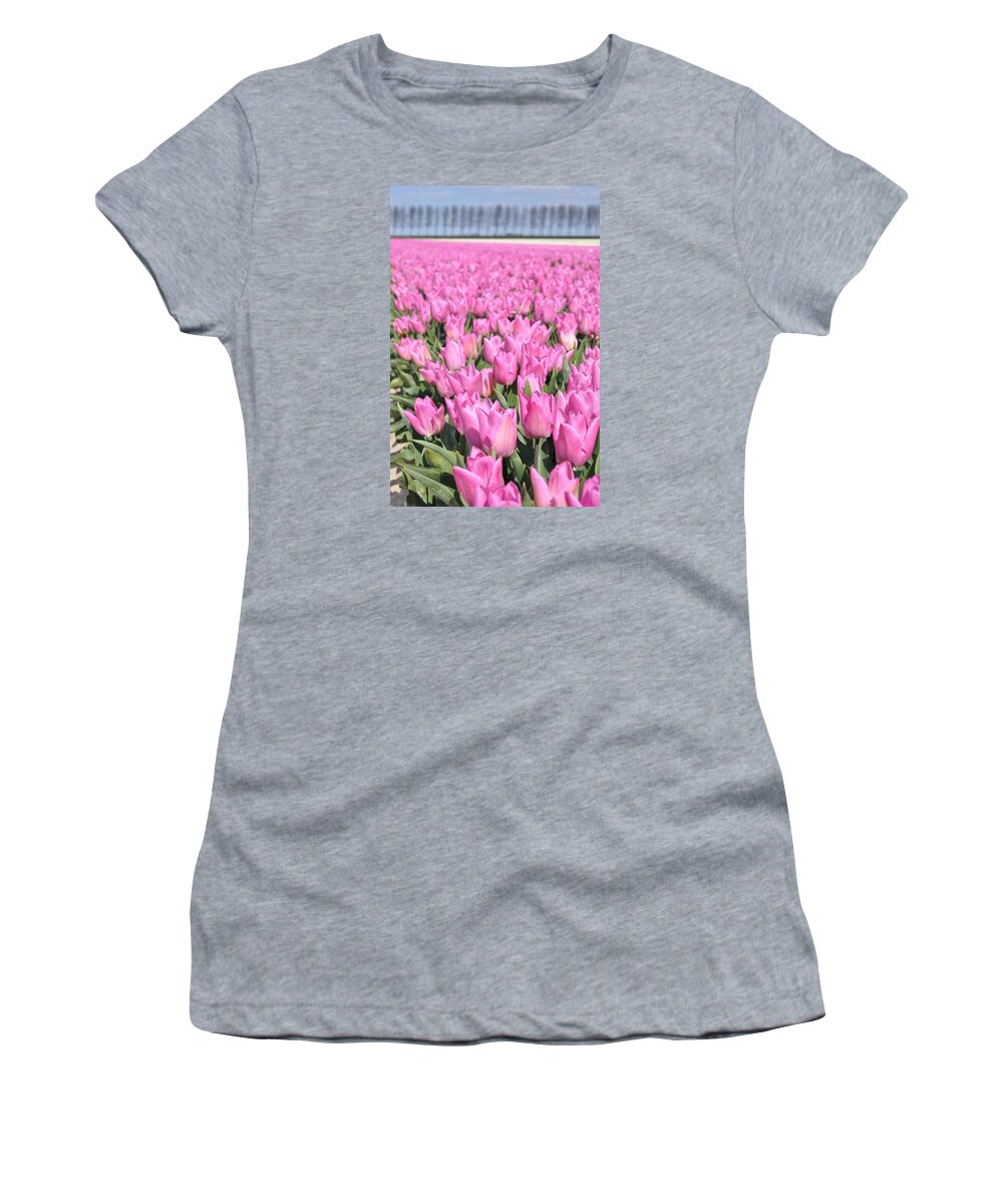 Flowerfields Women's T-Shirt featuring the photograph Flowerfield with pink tulips by Eduard Meinema