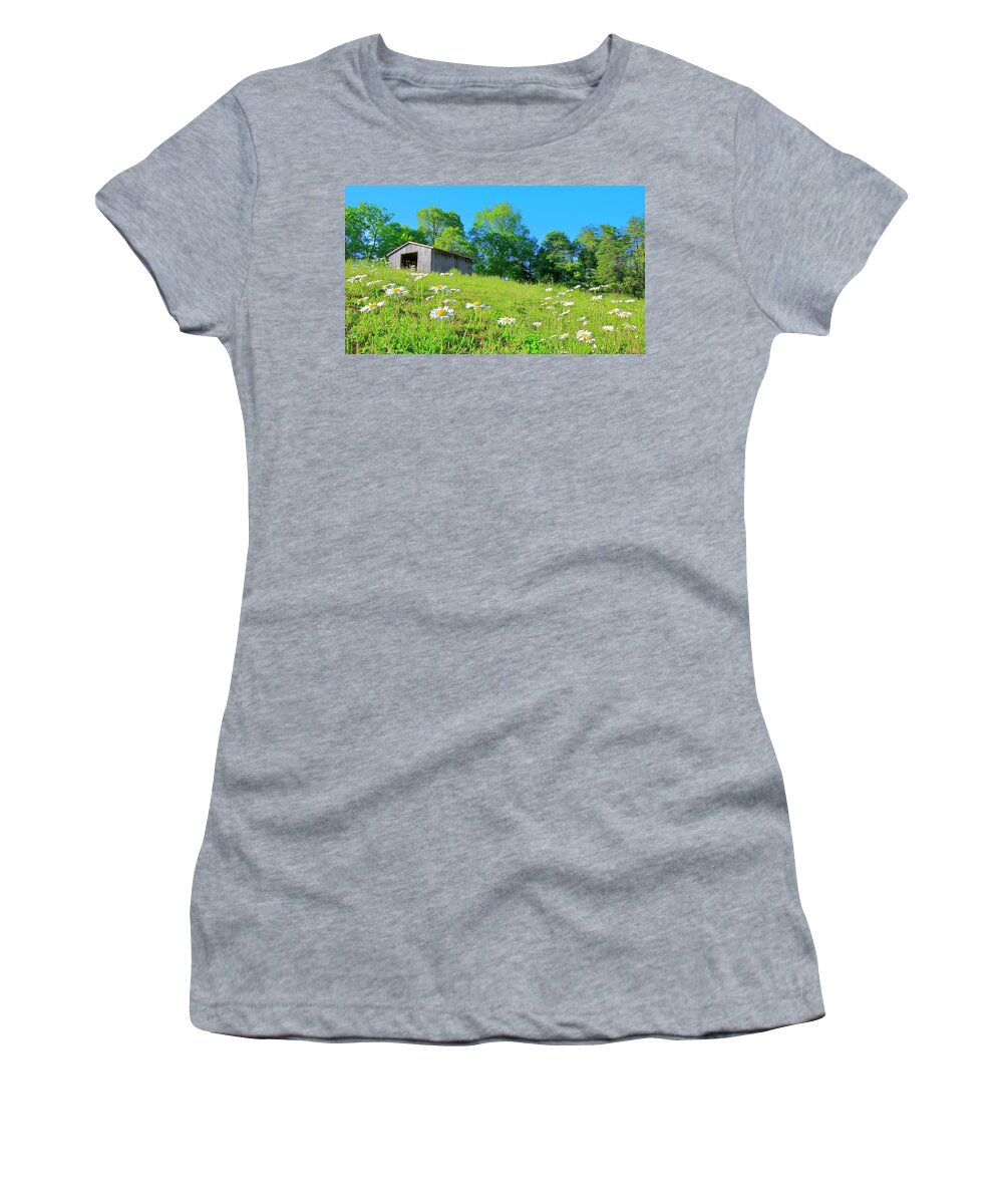 Barn Women's T-Shirt featuring the photograph Flowering Hillside Meadow - View 2 by The James Roney Collection
