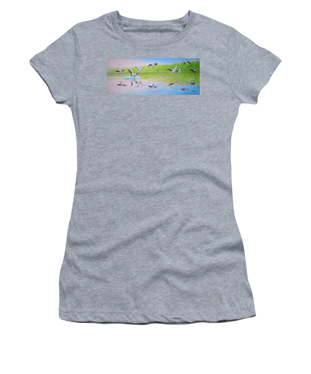 Art Women's T-Shirt featuring the painting Flying Geese by Shirley Wellstead