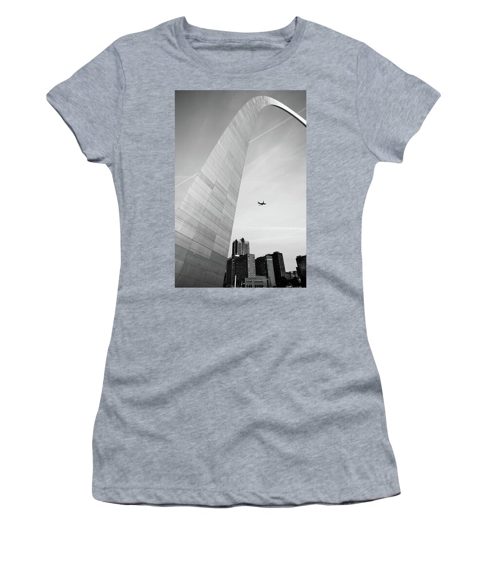 Saint Louis Skyline Women's T-Shirt featuring the photograph Flying Over the Saint Louis City Skyline - Black and White by Gregory Ballos