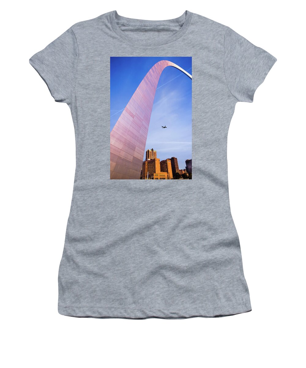 Saint Louis Skyline Women's T-Shirt featuring the photograph Flying Over the Saint Louis City Skyline by Gregory Ballos