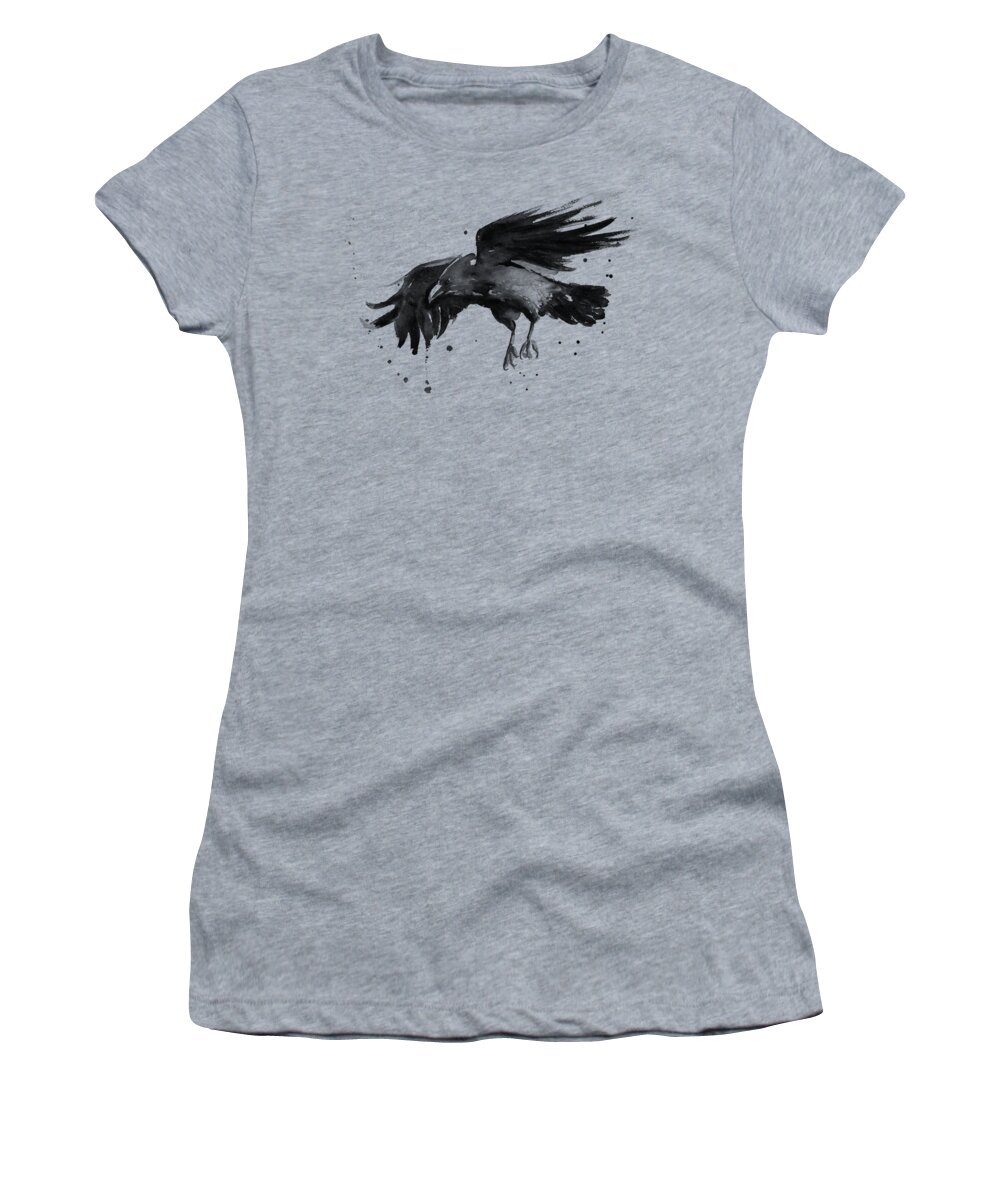 Raven Women's T-Shirt featuring the painting Flying Raven Watercolor by Olga Shvartsur
