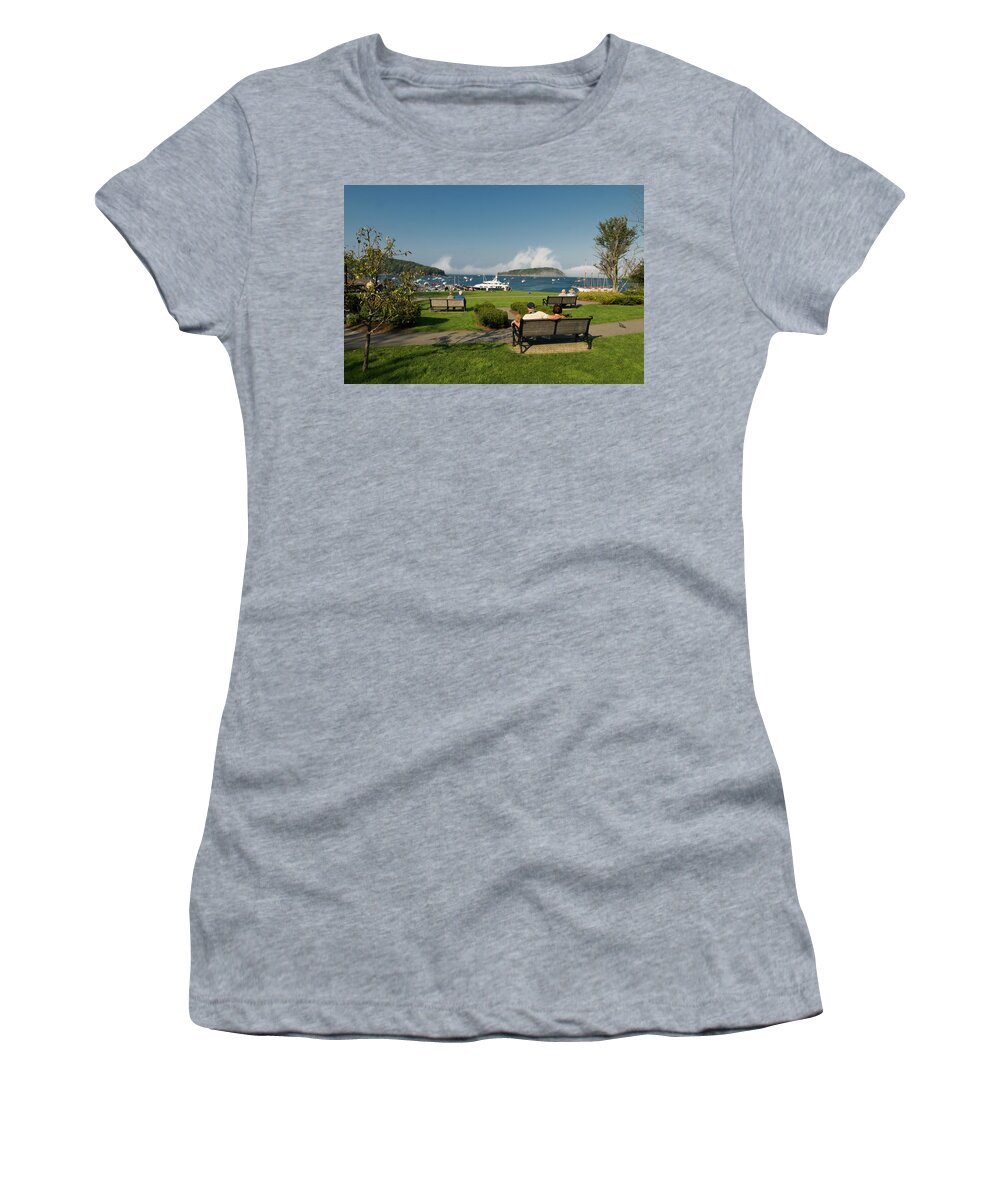 acadia National Park Women's T-Shirt featuring the photograph Fog Show Over the Porcupine Islands by Paul Mangold