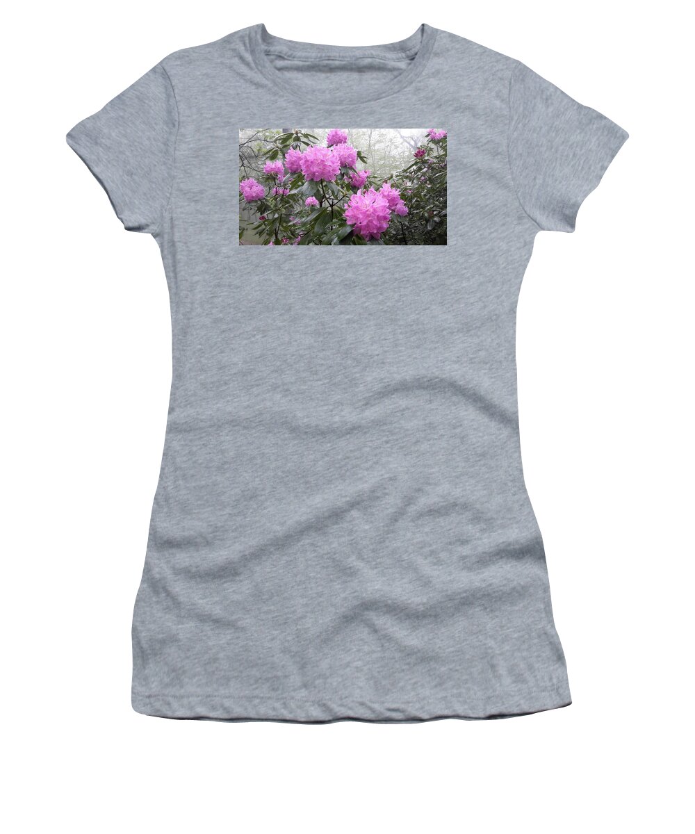 Blue Ridge Women's T-Shirt featuring the photograph Foggy Rhododendron by Joe D Dry