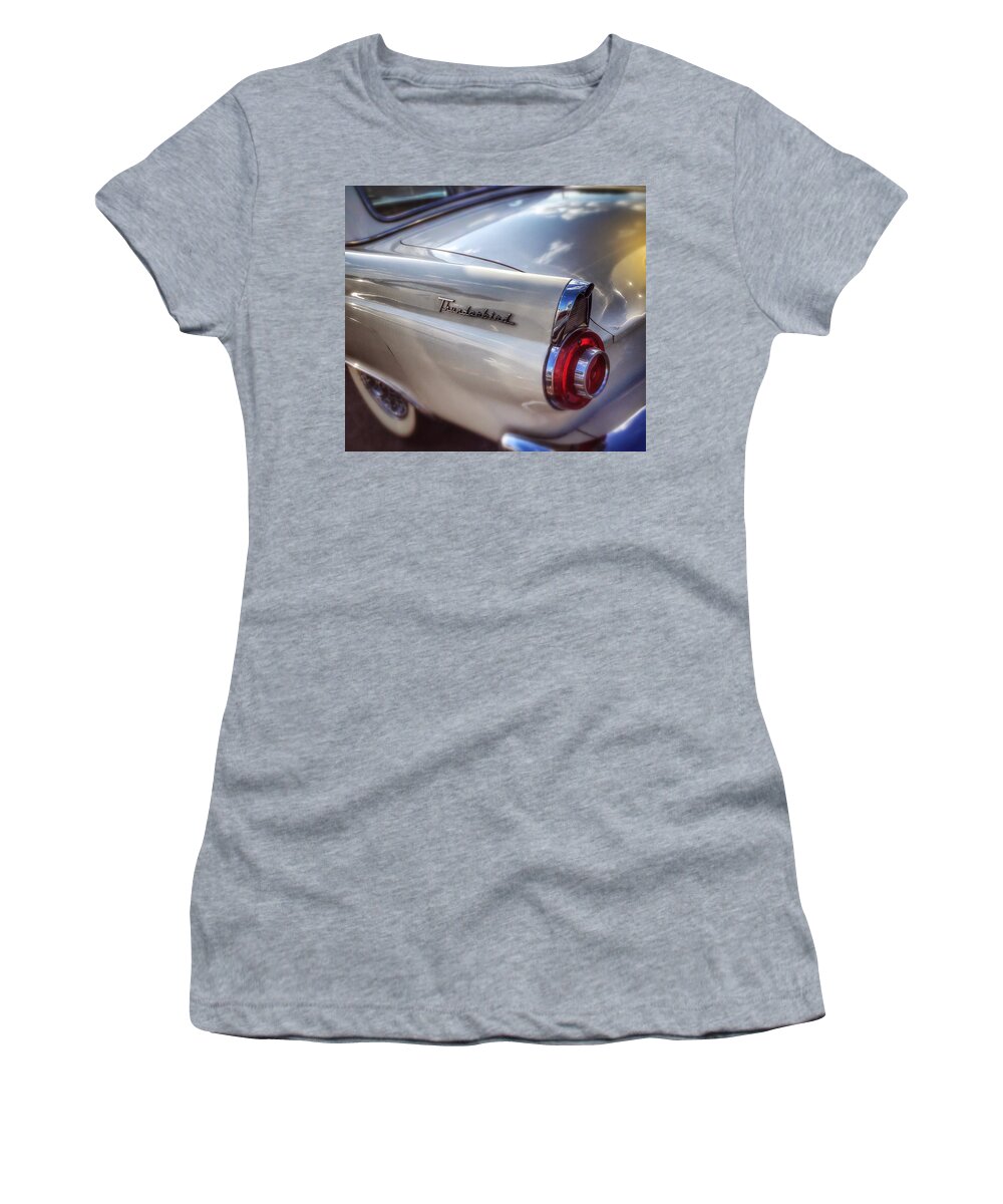 Wall Art Poster Blackandwhite Bw Bnw Black White Car Automotive Mobile Travel Road Classic Old Antique Thunderbird Ford Dreamy Roadshow Carshow Women's T-Shirt featuring the photograph Ford Thunderbird Fender color 2 by Andrew Rhine