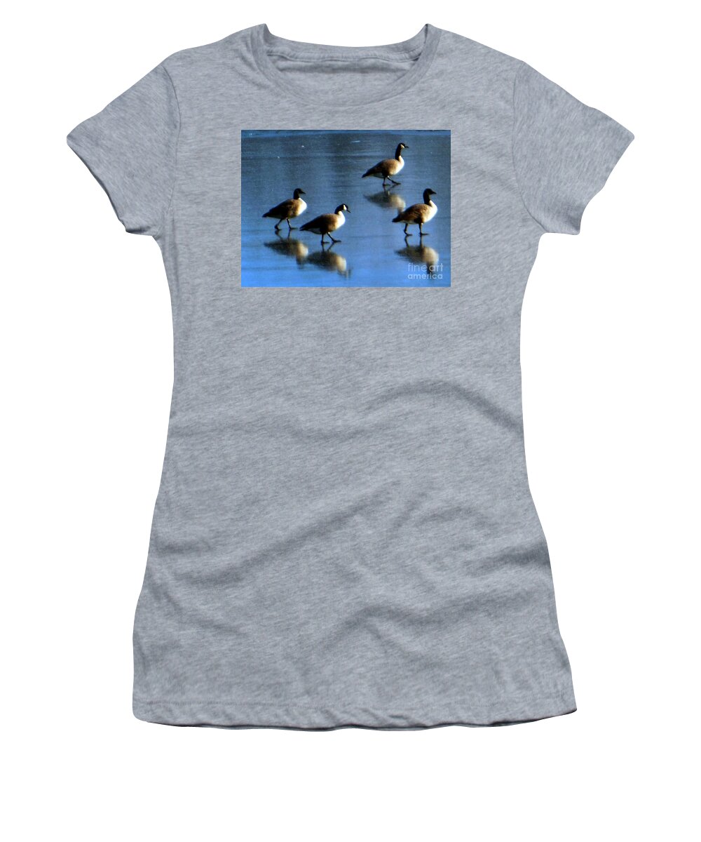 Four Geese Women's T-Shirt featuring the photograph Four Geese Walking On Ice by Rockin Docks Deluxephotos