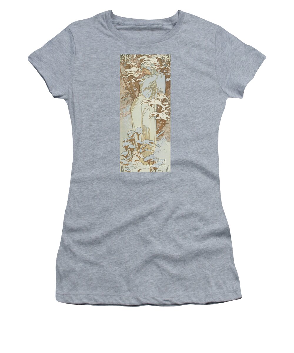 Wintry Women's T-Shirt featuring the painting Four Seasons Winter, 1900 by Alphonse Marie Mucha