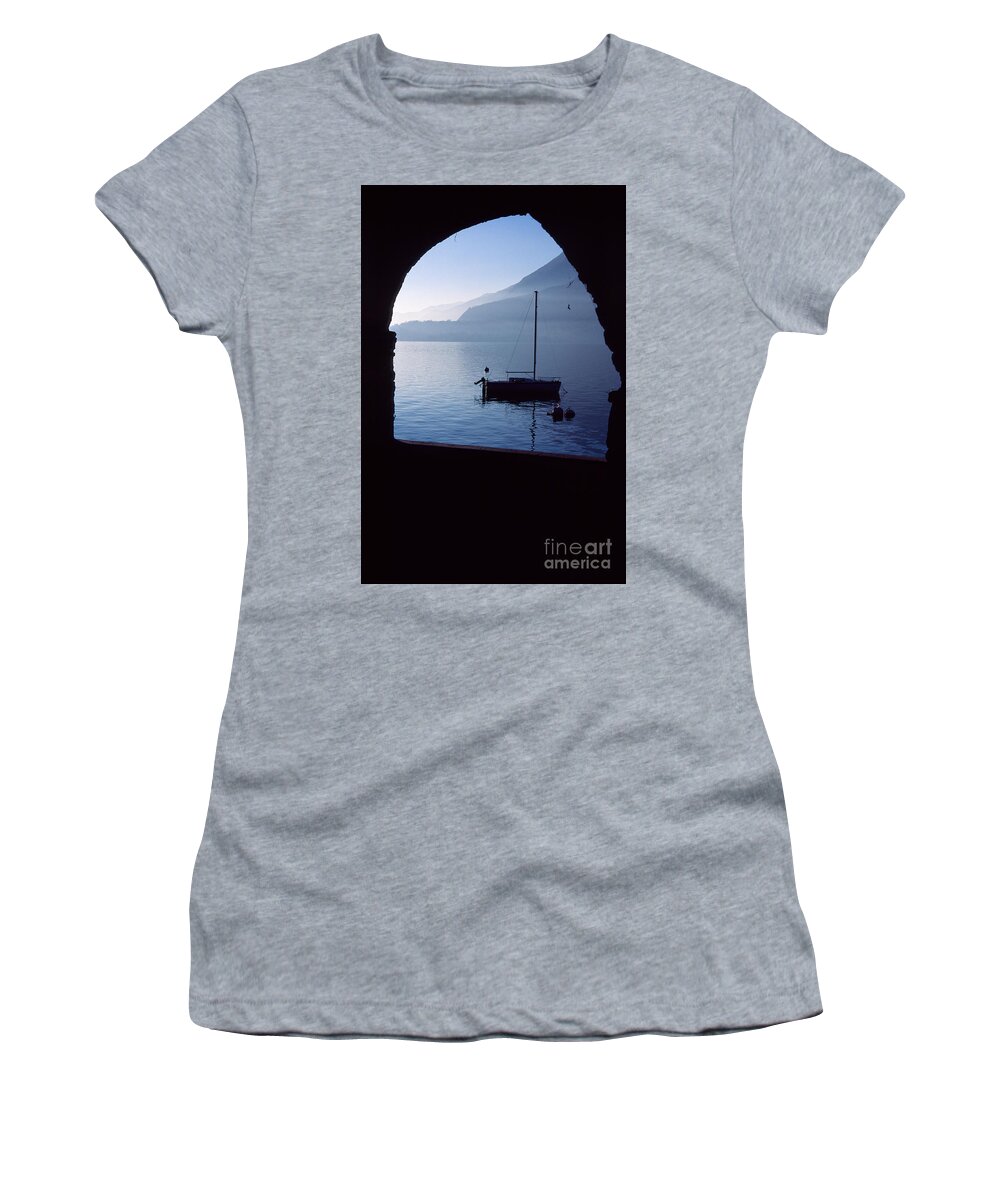 Varenna Women's T-Shirt featuring the photograph Framed blue lake by Riccardo Mottola