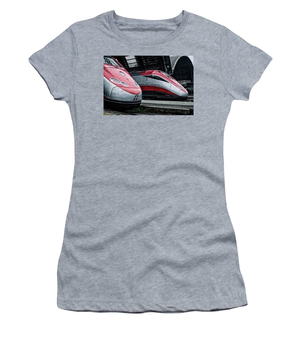 Milano Women's T-Shirt featuring the photograph Freccia Rossa Trains. by Pablo Lopez