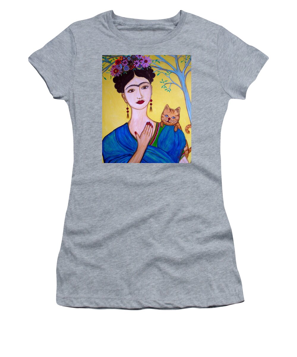 Day Women's T-Shirt featuring the painting Frida And Her Cat by Pristine Cartera Turkus