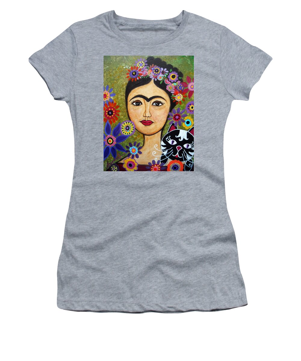 Frida Women's T-Shirt featuring the painting Frida Kahlo And Cat by Pristine Cartera Turkus