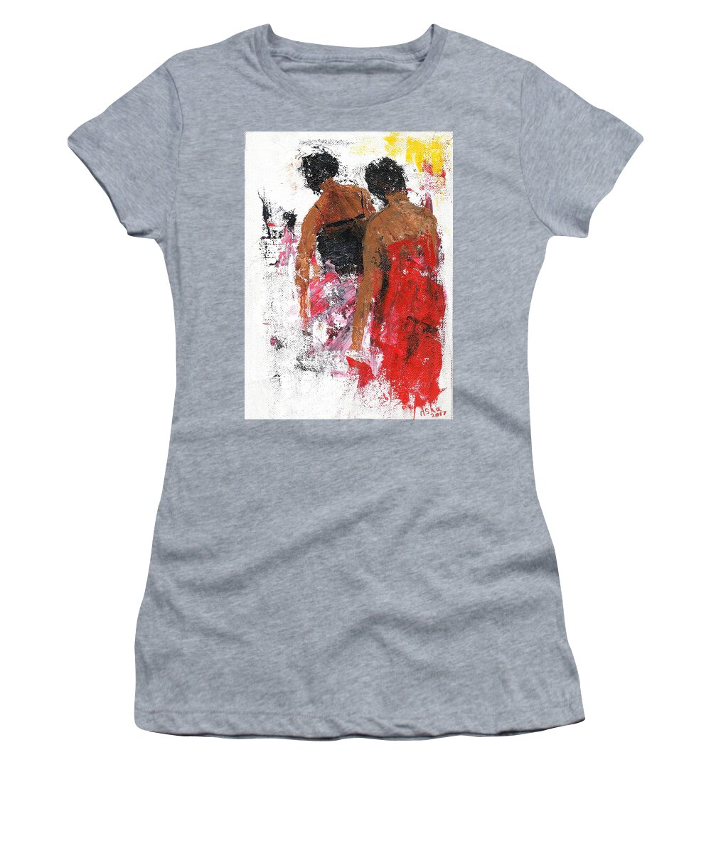 Two Women Women's T-Shirt featuring the painting Friends by Asha Sudhaker Shenoy