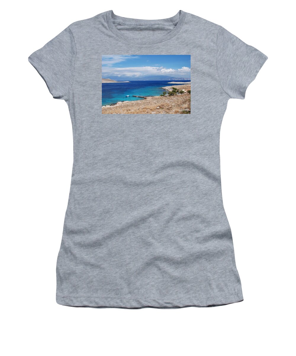 Halki Women's T-Shirt featuring the photograph Ftenagia beach on Halki by David Fowler