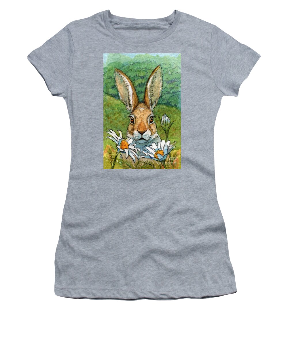 Animal Women's T-Shirt featuring the painting Funny bunnies - with Chamomiles 889 by Svetlana Ledneva-Schukina