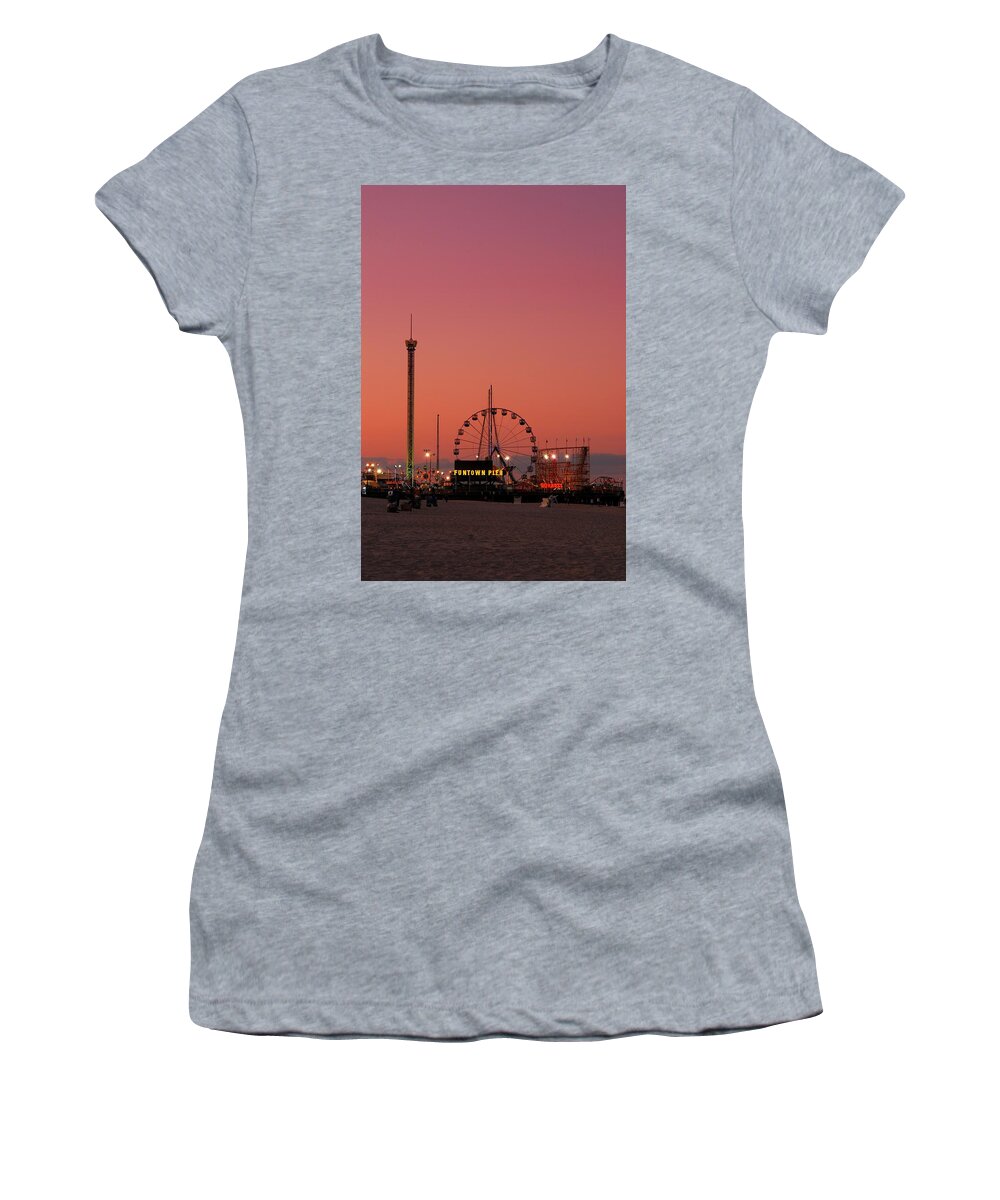Amusement Parks Women's T-Shirt featuring the photograph Funtown Pier At Sunset II - Jersey Shore by Angie Tirado