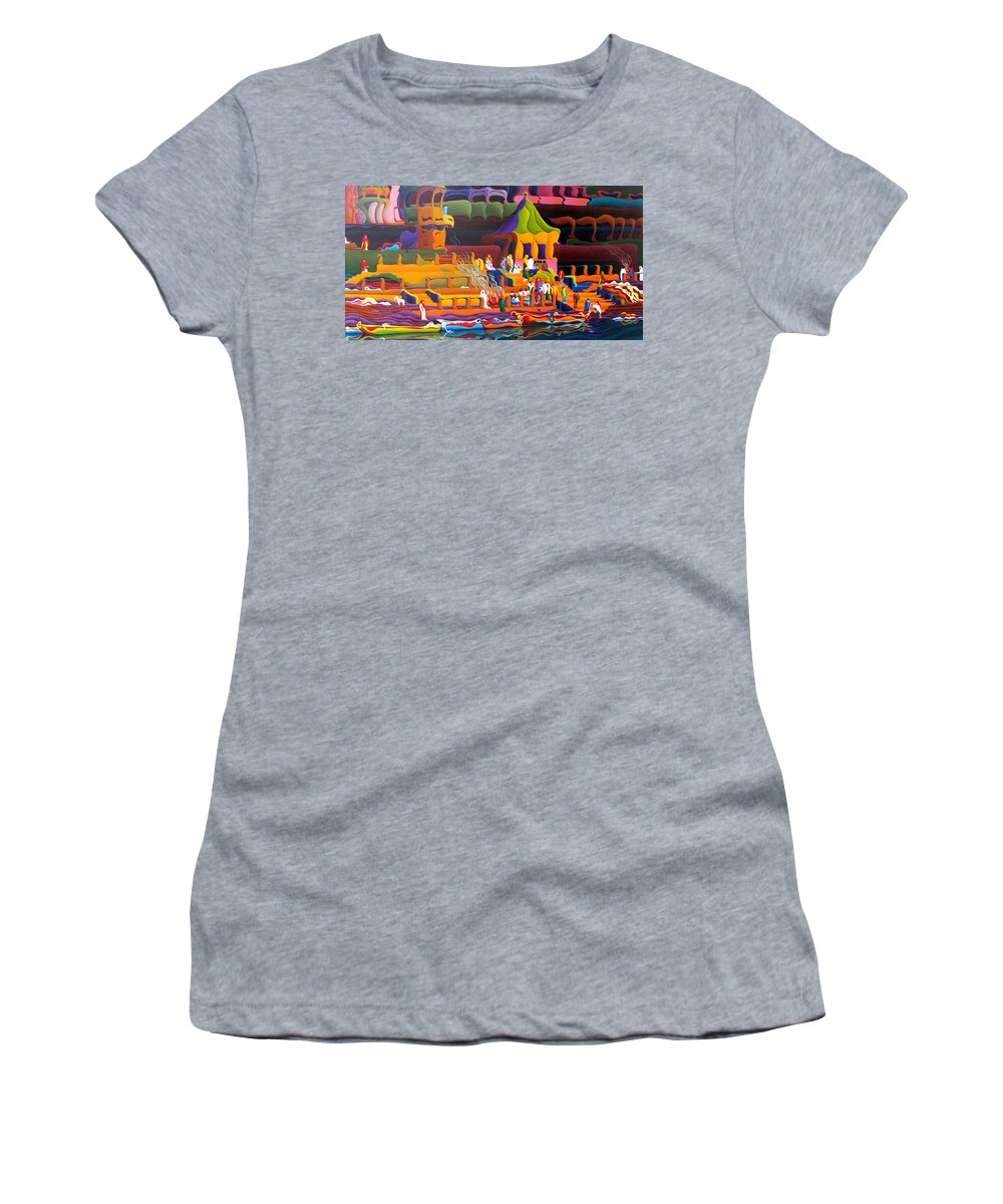 Cityscape Women's T-Shirt featuring the painting Ganga's Peaceful Release by Amy Ferrari