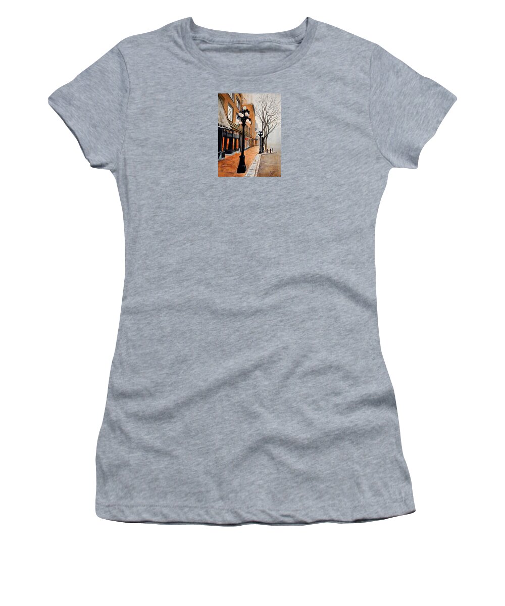 Street Scene Women's T-Shirt featuring the painting Gastown, Vancouver by Sher Nasser