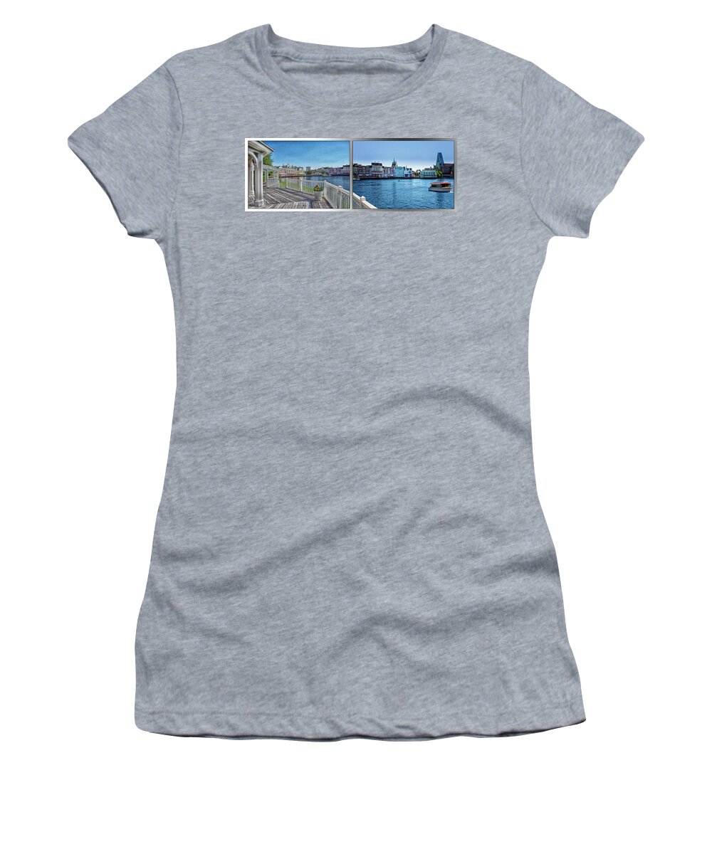 Castle Women's T-Shirt featuring the photograph Gazebo 02 Disney World Boardwalk Boat Passing By 2 Panel MP by Thomas Woolworth