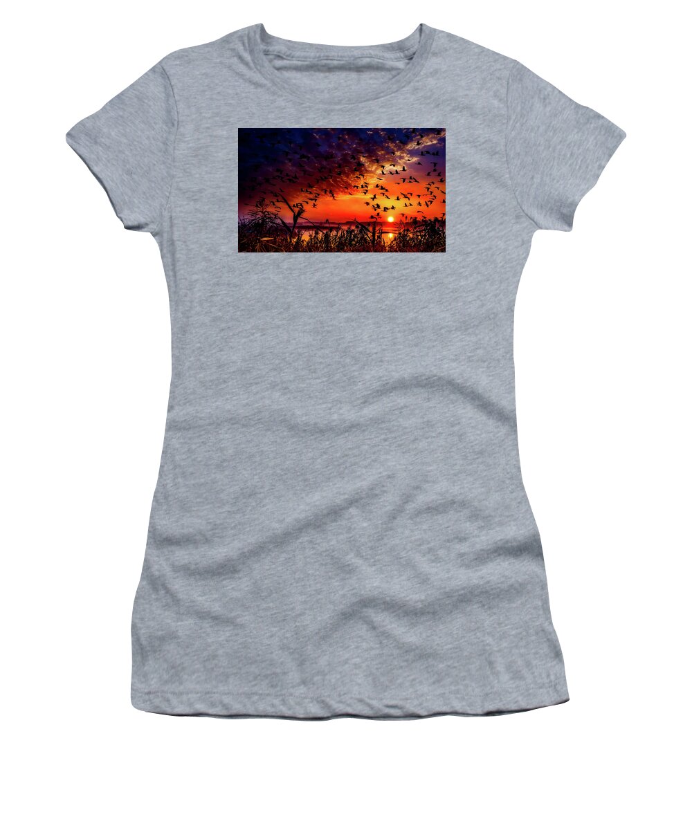 Geese Women's T-Shirt featuring the photograph Geese At Sunset by Mountain Dreams