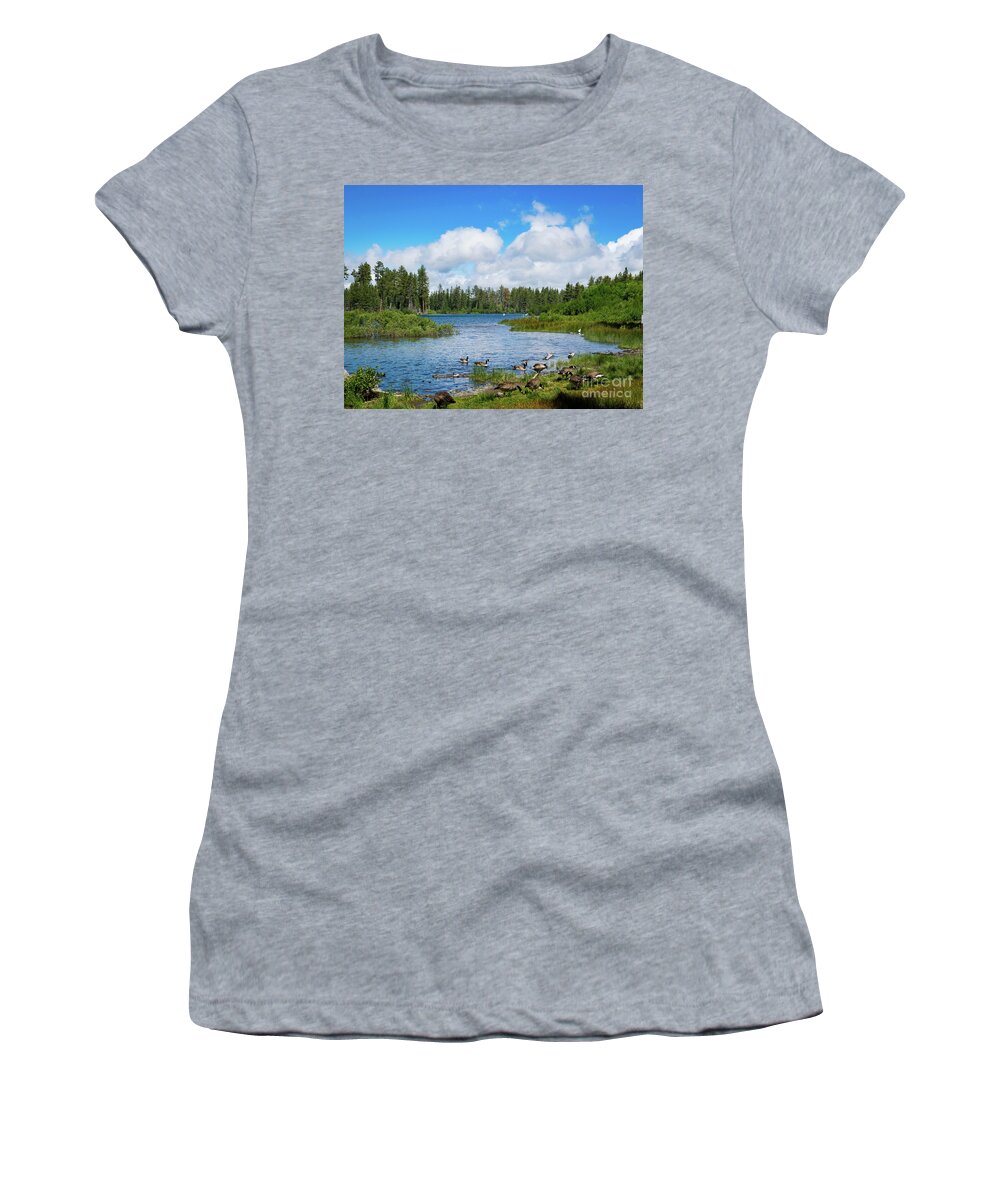 Lassen Women's T-Shirt featuring the photograph Geese on Manzanita Lake by Jeff Hubbard