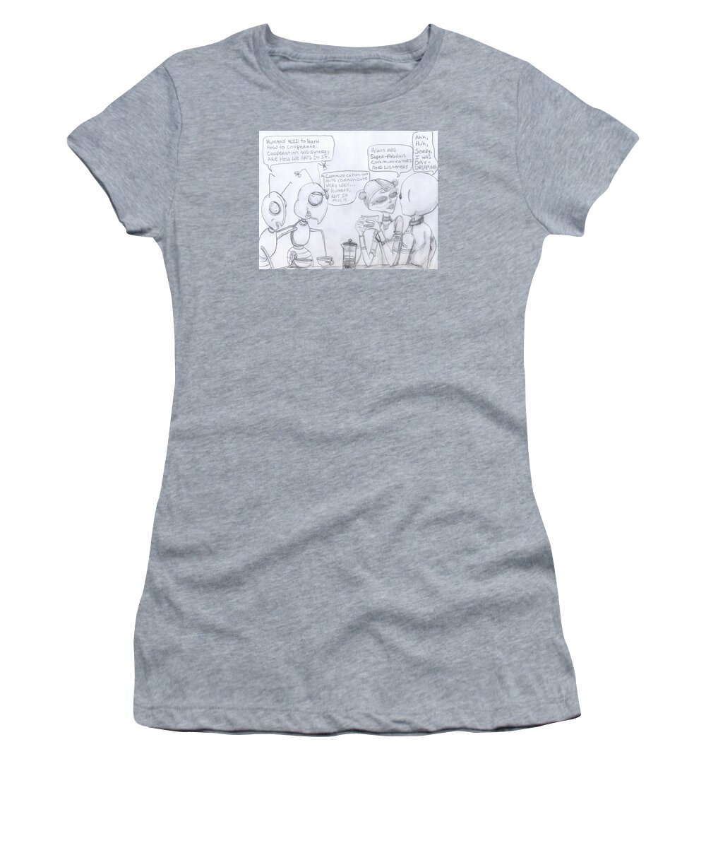 Ant Women's T-Shirt featuring the drawing Giant space ants and aliens drink coffee and discuss humans. by Similar Alien