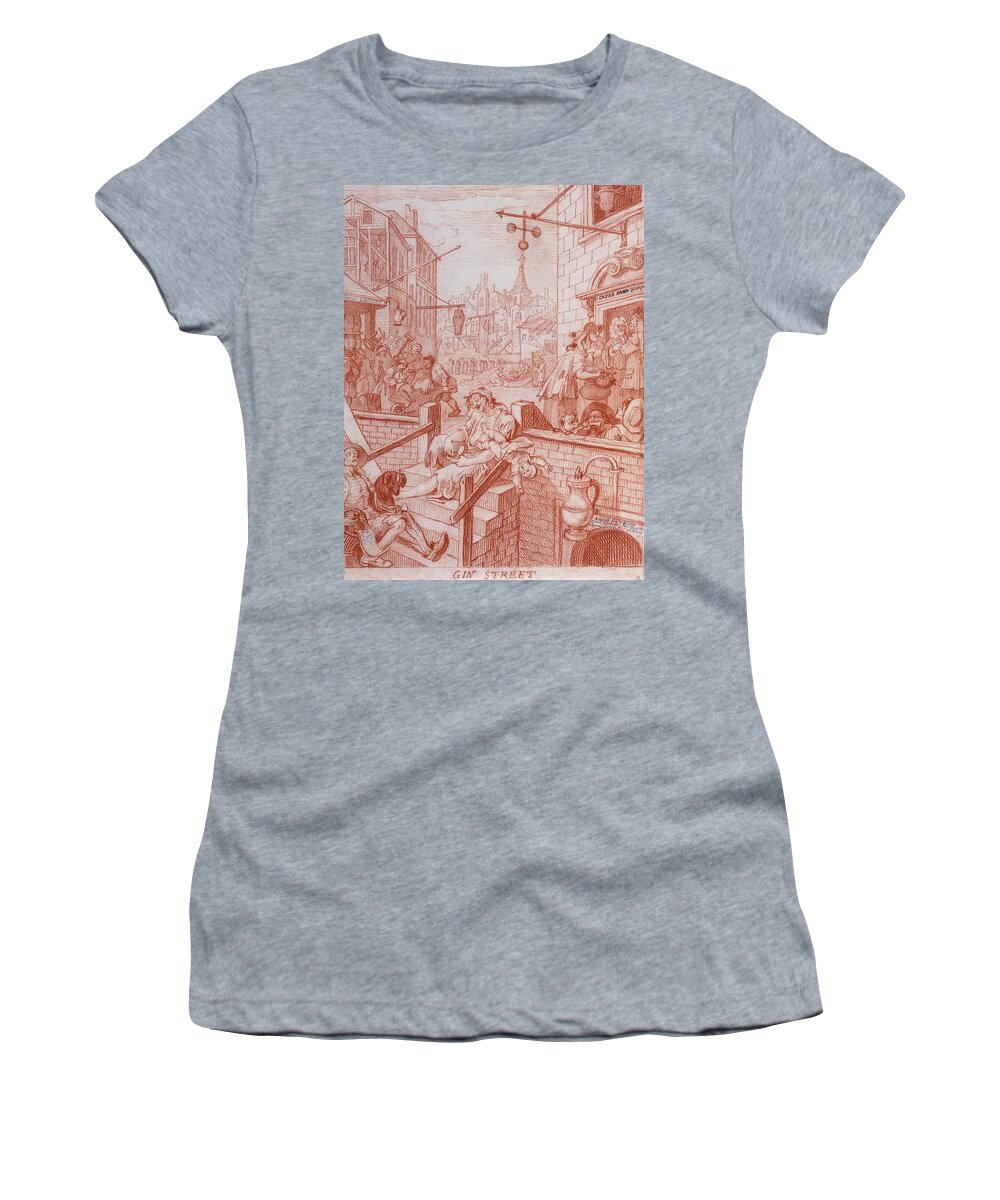 William Hogarth Women's T-Shirt featuring the drawing Gin Street by William Hogarth