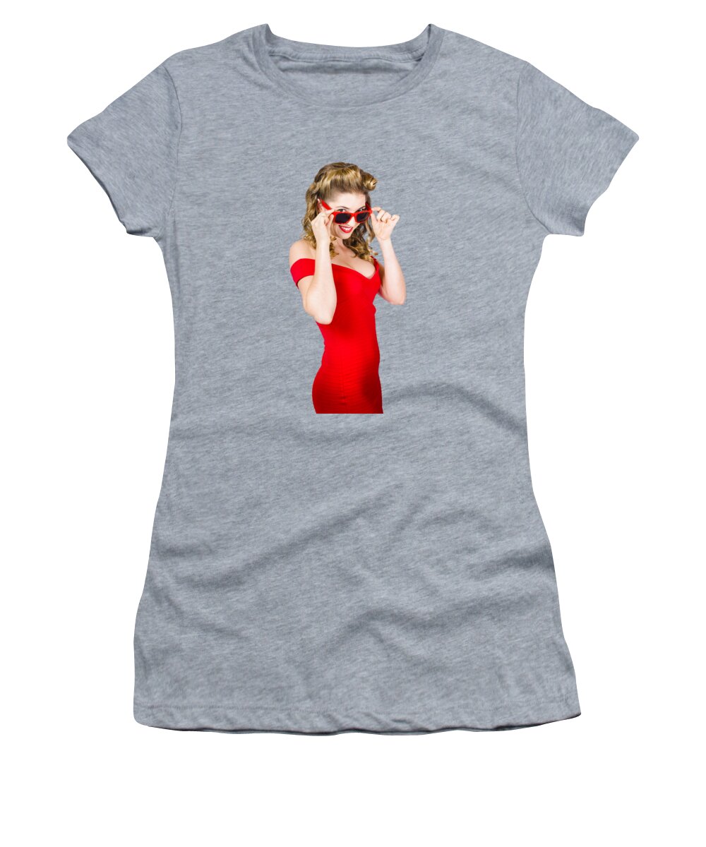 Sunglasses Women's T-Shirt featuring the photograph Girl adjusting glasses to flashback a 1950s look by Jorgo Photography