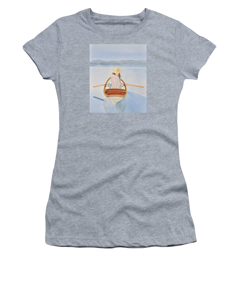 Linda Brody Women's T-Shirt featuring the painting Girl in Rowboat by Linda Brody