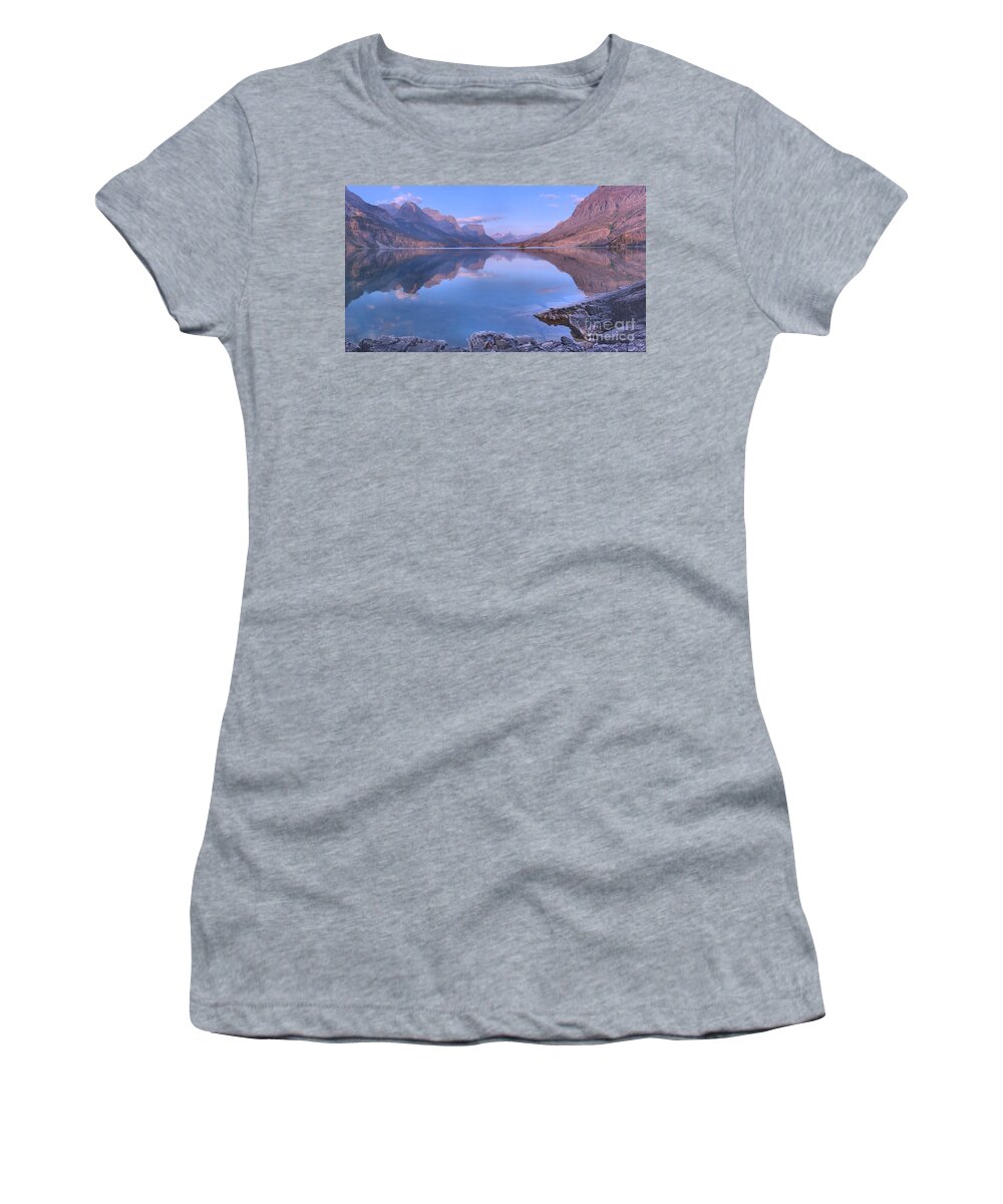 St Mary Women's T-Shirt featuring the photograph Glacier Park St Mary Sunrise Panorama by Adam Jewell