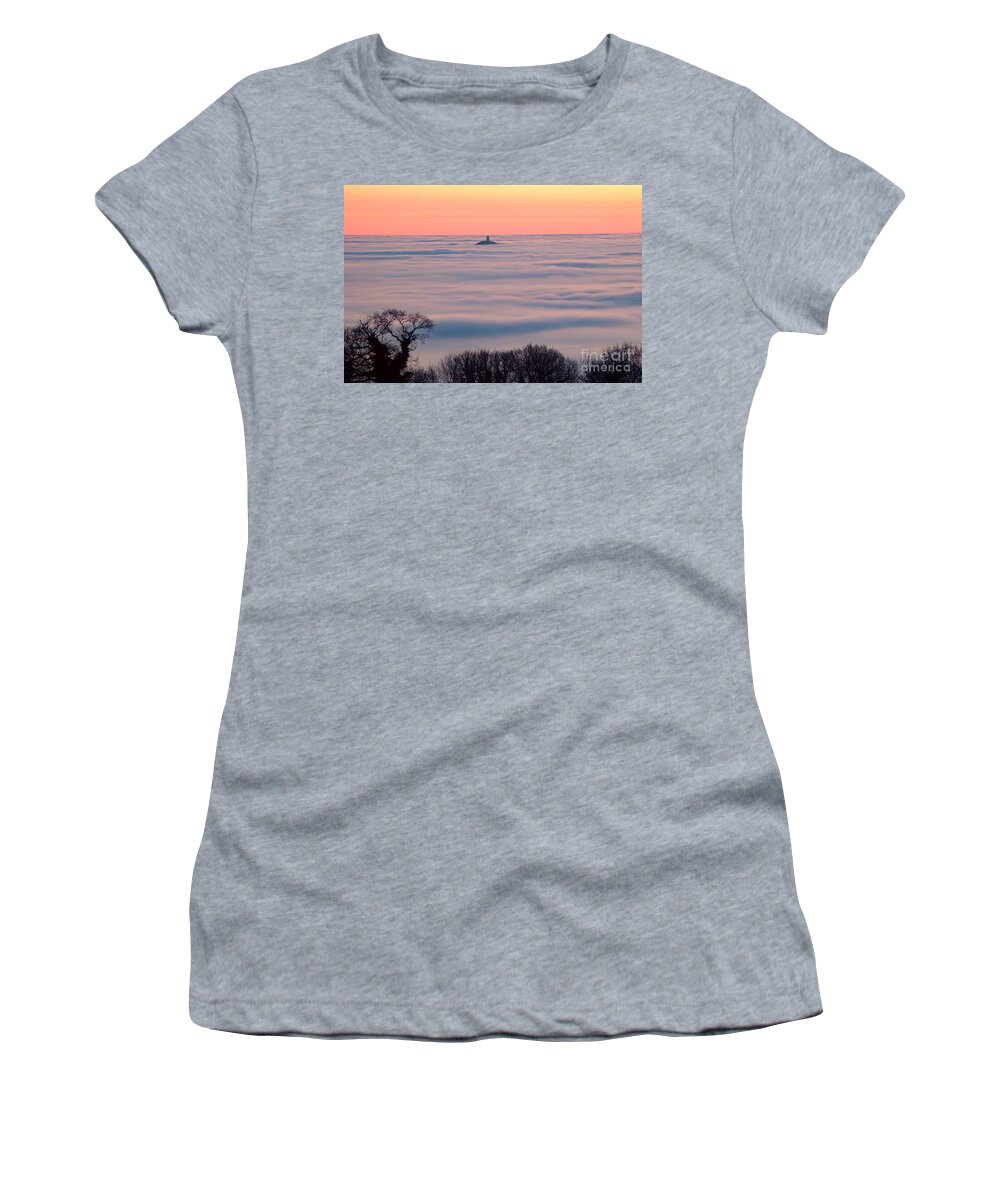 Glastonbury Tor Women's T-Shirt featuring the photograph Glastonbury Tor above the fog by Colin Rayner